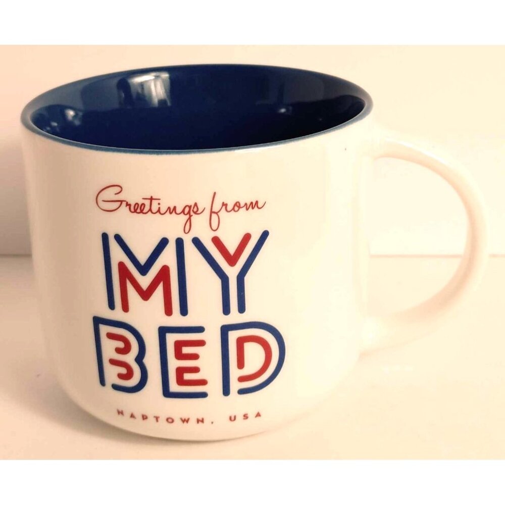 Threshold Stoneware Greetings From My Bed Mug Red Blue White Naptown USA